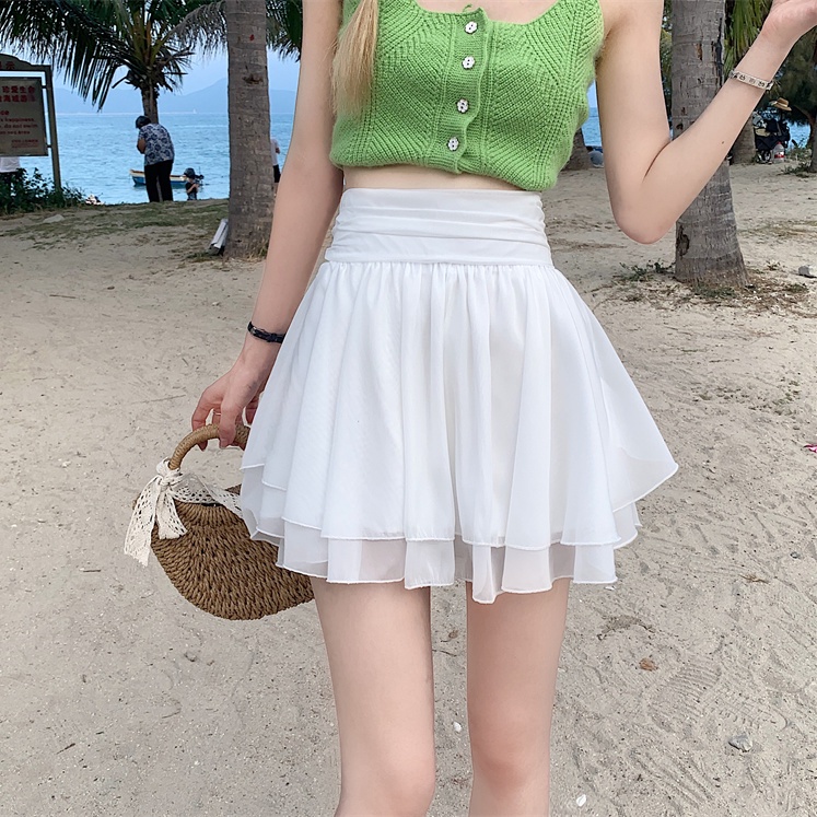 Jiashucheng Chân Váy Voan Ngắn Dáng Chữ a Lưng Cao Màu Trắng Thuần Khiết Chống Chói Phong Cách Mới Dành Cho Bạn Nữ