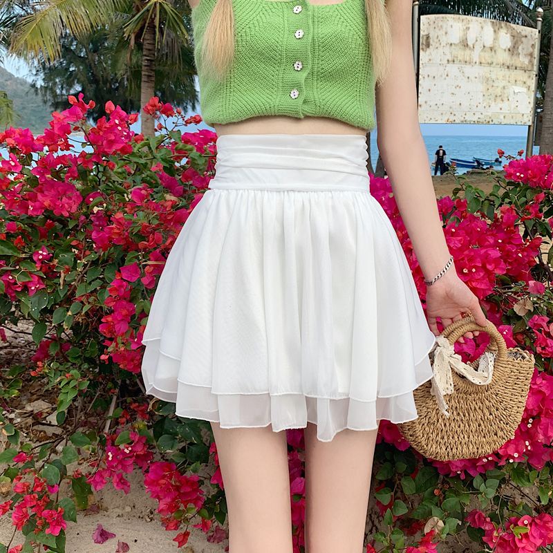 Jiashucheng Chân Váy Voan Ngắn Dáng Chữ a Lưng Cao Màu Trắng Thuần Khiết Chống Chói Phong Cách Mới Dành Cho Bạn Nữ
