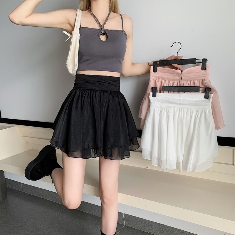 Jiashucheng Chân Váy Voan Ngắn Dáng Chữ a Lưng Cao Màu Trắng Thuần Khiết Chống Chói Phong Cách Mới Dành Cho Bạn Nữ