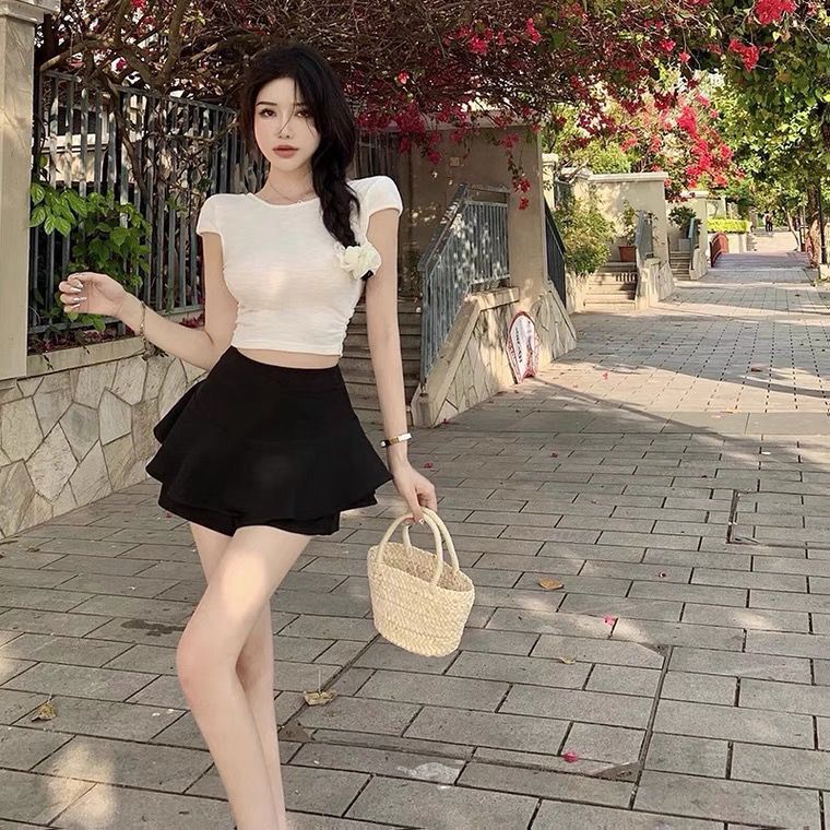 Jiashucheng Chân Váy Chữ a Ngắn Lưng Cao Màu Trắng Ngọt Ngào Phong Cách Mùa Hè Mới Quyến Rũ Cho Nữ