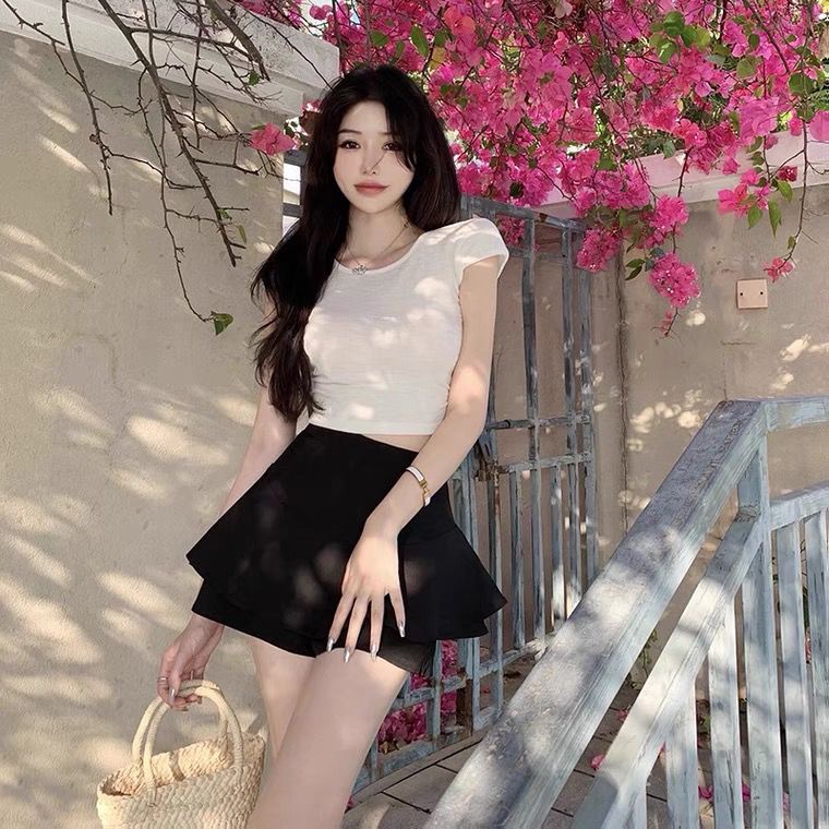 Jiashucheng Chân Váy Chữ a Ngắn Lưng Cao Màu Trắng Ngọt Ngào Phong Cách Mùa Hè Mới Quyến Rũ Cho Nữ