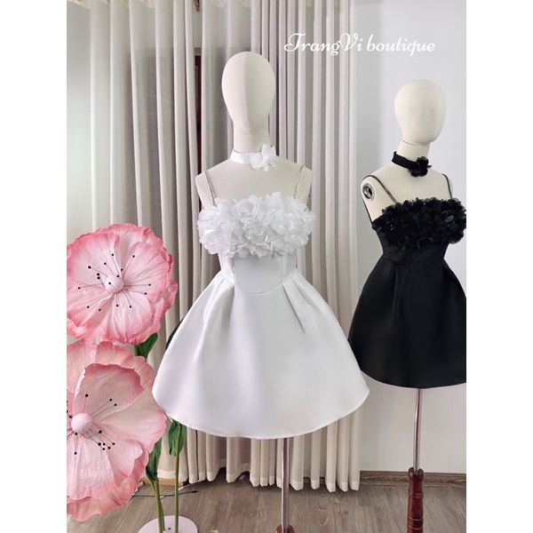 Đầm tafta kết hoa ngực kèm dây choker đính hoa siêu xinh  chuẩn thiết kế loại 1
