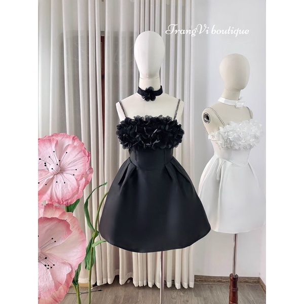 Đầm tafta kết hoa ngực kèm dây choker đính hoa siêu xinh  chuẩn thiết kế loại 1