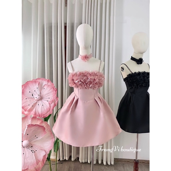 Đầm tafta kết hoa ngực kèm dây choker đính hoa siêu xinh  chuẩn thiết kế loại 1