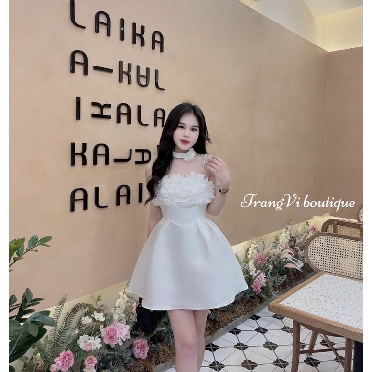 Đầm tafta kết hoa ngực kèm dây choker đính hoa siêu xinh  chuẩn thiết kế loại 1