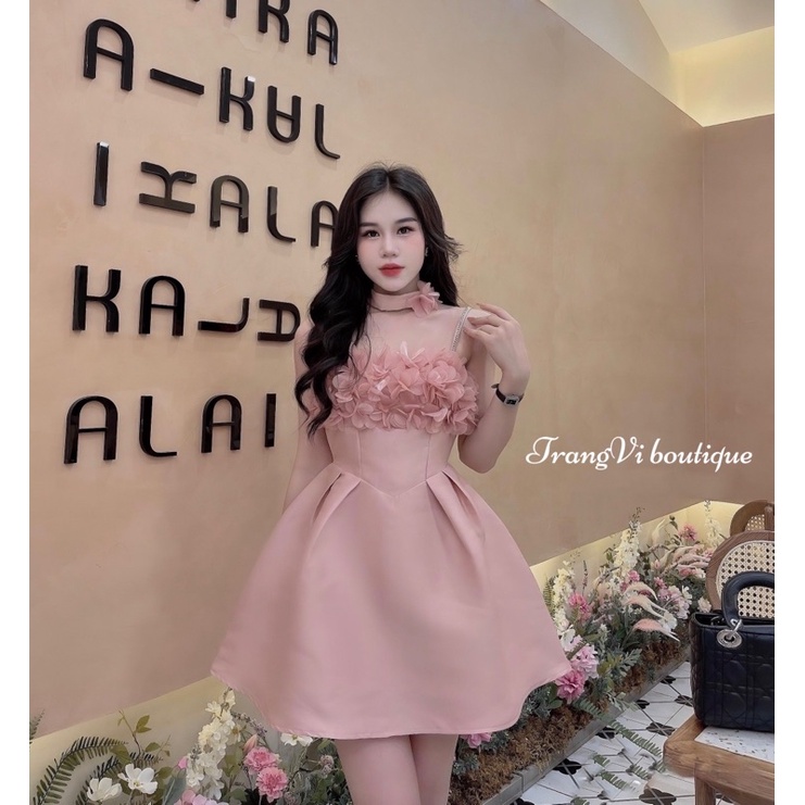 Đầm tafta kết hoa ngực kèm dây choker đính hoa siêu xinh  chuẩn thiết kế loại 1