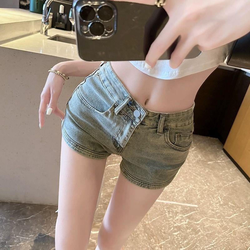Jiashucheng Quần Short Denim Dáng Chữ a Lưng Vừa Quyến Rũ Phong Cách Retro Mỹ Mùa Hè Dễ Phối Đồ Cho Nữ