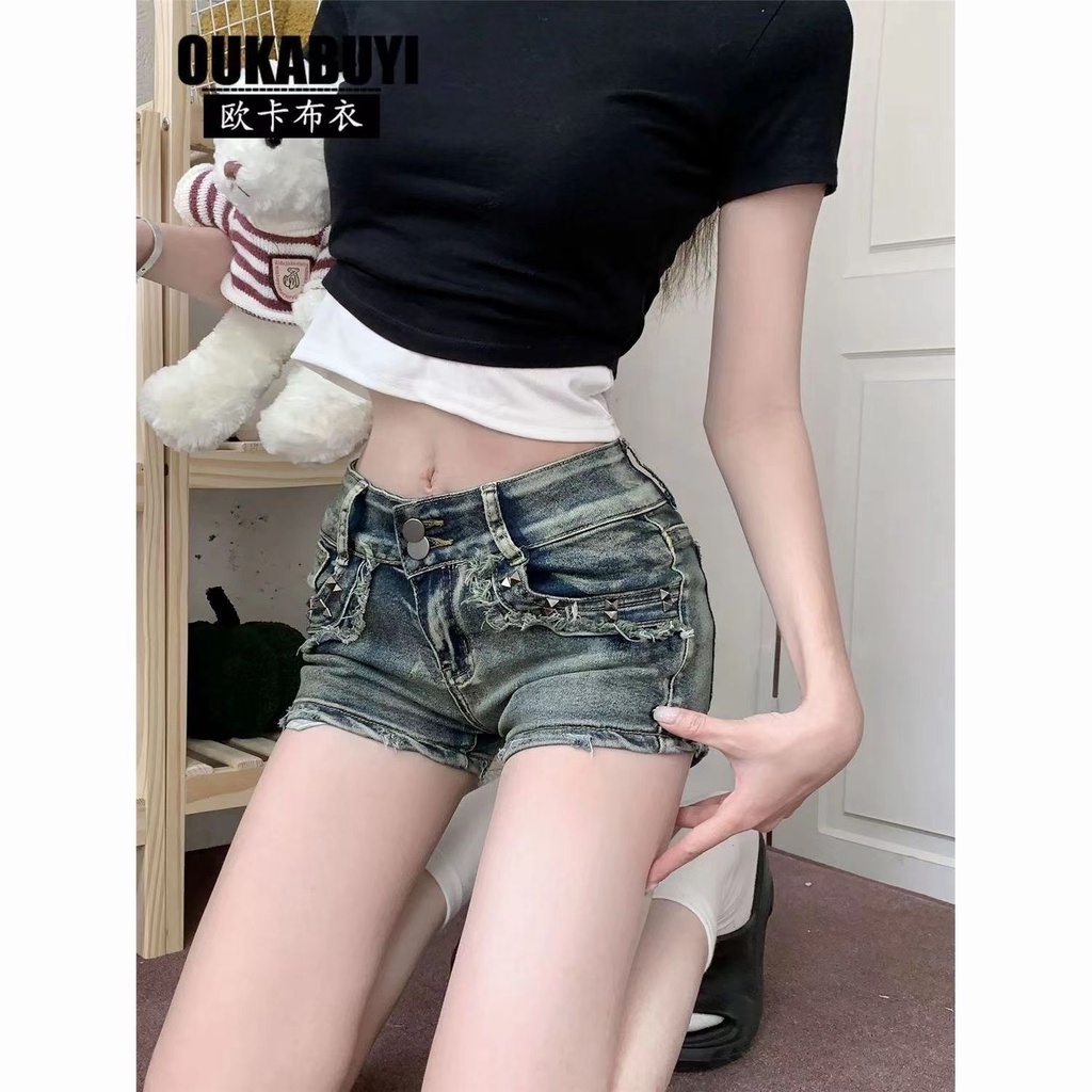 Jiashucheng Quần Short Denim Lưng Thấp Ôm Dáng Màu Sáng Phong Cách Retro Mùa Hè Cho Nữ