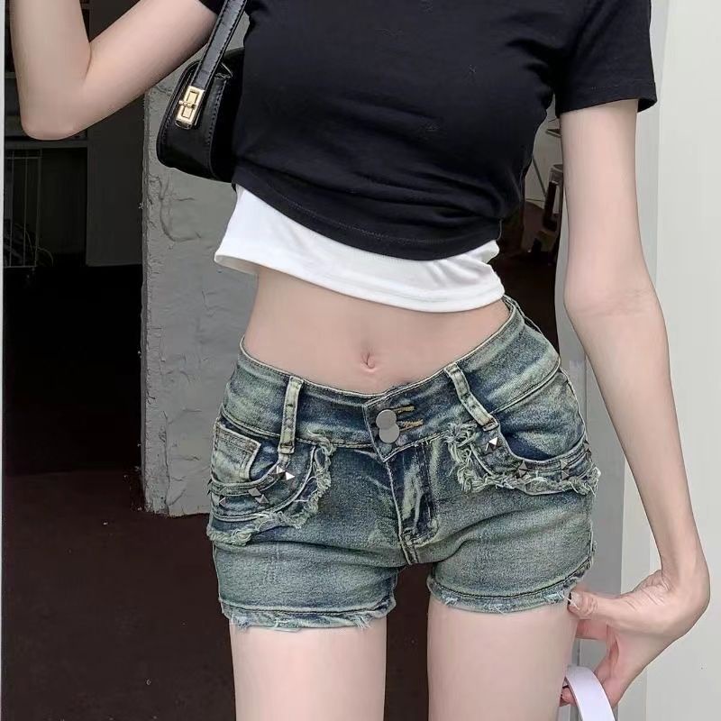 Jiashucheng Quần Short Denim Lưng Thấp Ôm Dáng Màu Sáng Phong Cách Retro Mùa Hè Cho Nữ