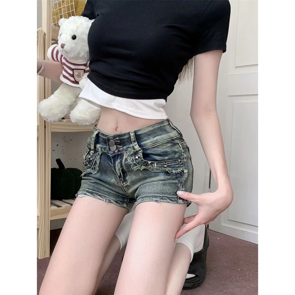 Jiashucheng Quần Short Denim Lưng Thấp Ôm Dáng Màu Sáng Phong Cách Retro Mùa Hè Cho Nữ