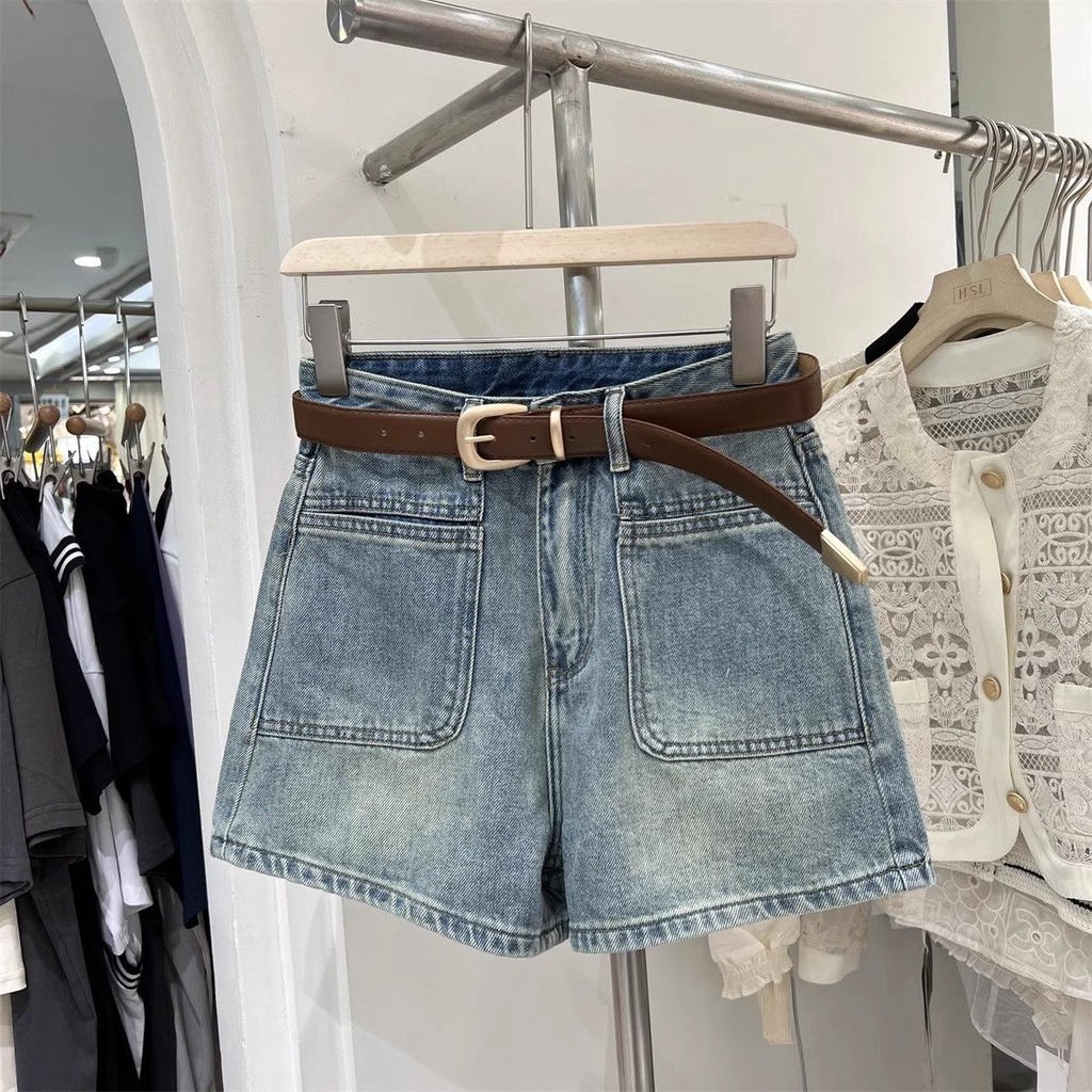 Jiashucheng Hàng Mới Về Quần Short Denim Lưng Cao Ống Rộng Phối Túi Phong Cách Hàn Quốc Thời Trang Mùa Hè Cho Nữ