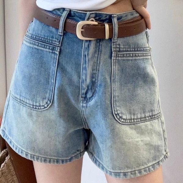 Jiashucheng Hàng Mới Về Quần Short Denim Lưng Cao Ống Rộng Phối Túi Phong Cách Hàn Quốc Thời Trang Mùa Hè Cho Nữ