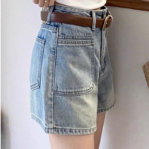 Jiashucheng Hàng Mới Về Quần Short Denim Lưng Cao Ống Rộng Phối Túi Phong Cách Hàn Quốc Thời Trang Mùa Hè Cho Nữ