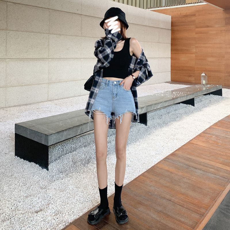 Jiashucheng Quần Short Denim Lưng Cao Dáng Chữ a 2 Phong Cách Mới Cho Nữ