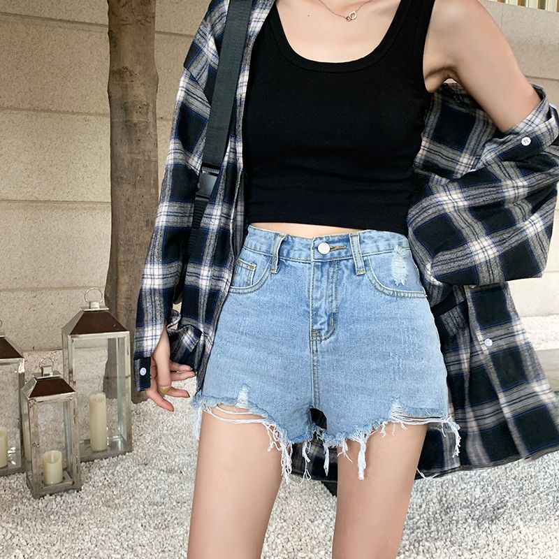 Jiashucheng Quần Short Denim Lưng Cao Dáng Chữ a 2 Phong Cách Mới Cho Nữ