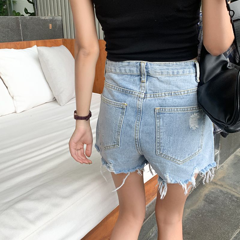 Jiashucheng Quần Short Denim Lưng Cao Dáng Chữ a 2 Phong Cách Mới Cho Nữ