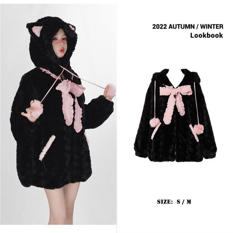 Áo Khoác Nữ Tay Dài Có Nón In Hình Mèo Con Xinh Xắn