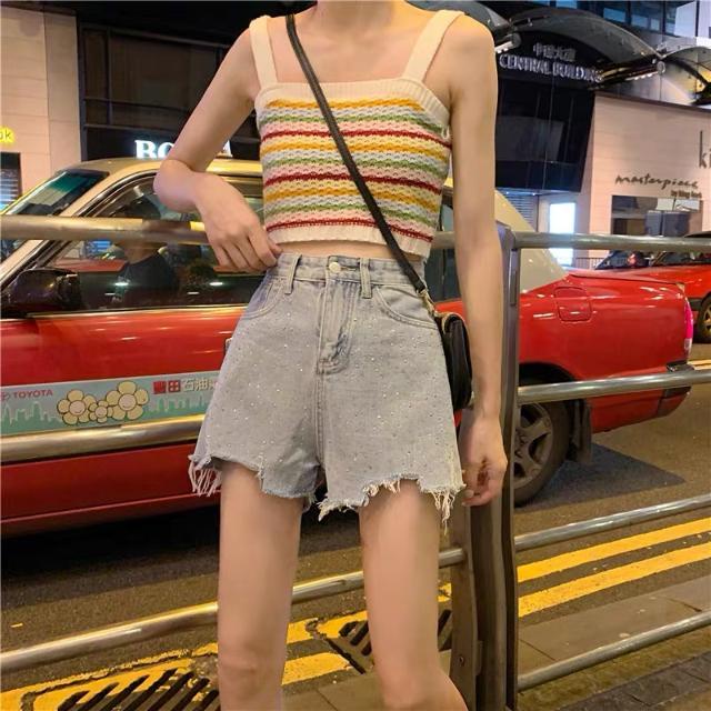 Jiashucheng Quần Short Denim Chữ a Lưng Cao Dáng Rộng Đính Đá Sờn Phong Cách Hàn Quốc Thời Trang Mùa Hè Mới Dễ Phối Đồ Dành Cho Bạn Nữ @