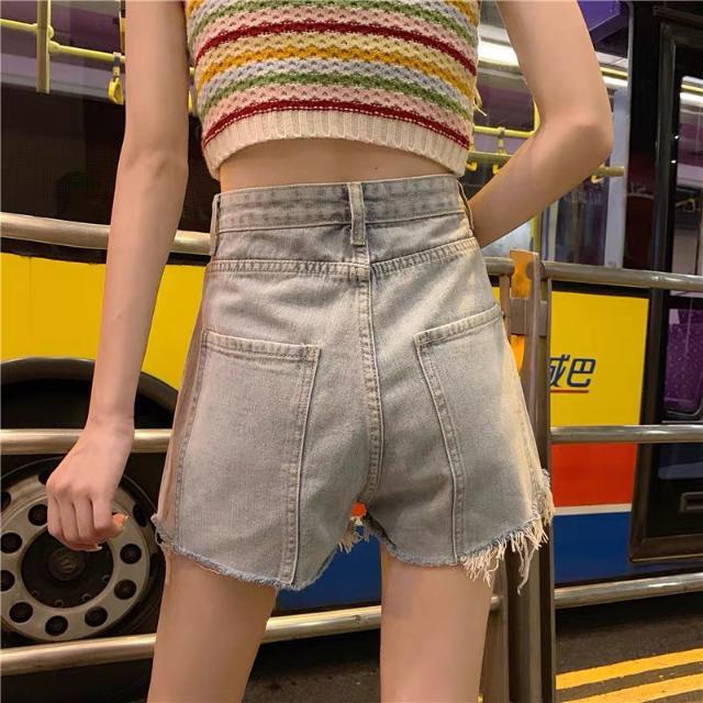 Jiashucheng Quần Short Denim Chữ a Lưng Cao Dáng Rộng Đính Đá Sờn Phong Cách Hàn Quốc Thời Trang Mùa Hè Mới Dễ Phối Đồ Dành Cho Bạn Nữ @