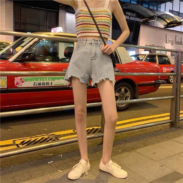 Jiashucheng Quần Short Denim Chữ a Lưng Cao Dáng Rộng Đính Đá Sờn Phong Cách Hàn Quốc Thời Trang Mùa Hè Mới Dễ Phối Đồ Dành Cho Bạn Nữ @