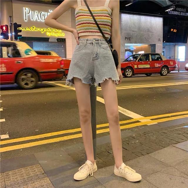 Jiashucheng Quần Short Denim Chữ a Lưng Cao Dáng Rộng Đính Đá Sờn Phong Cách Hàn Quốc Thời Trang Mùa Hè Mới Dễ Phối Đồ Dành Cho Bạn Nữ @