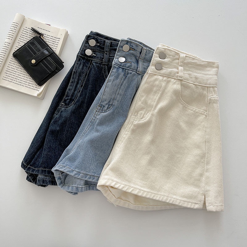 Jiashucheng Quần Short Jean Trắng Lưng Cao Dáng Chữ a Ống Rộng Xẻ Tà Thời Trang Mùa Hè Phong Cách Hàn Quốc Cho Nữ