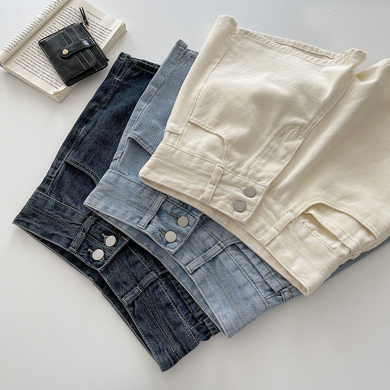 Jiashucheng Quần Short Jean Trắng Lưng Cao Dáng Chữ a Ống Rộng Xẻ Tà Thời Trang Mùa Hè Phong Cách Hàn Quốc Cho Nữ