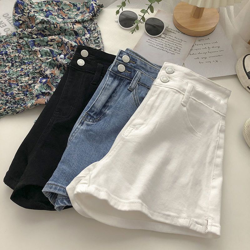 Jiashucheng Quần Short Jean Trắng Lưng Cao Dáng Chữ a Ống Rộng Xẻ Tà Thời Trang Mùa Hè Phong Cách Hàn Quốc Cho Nữ