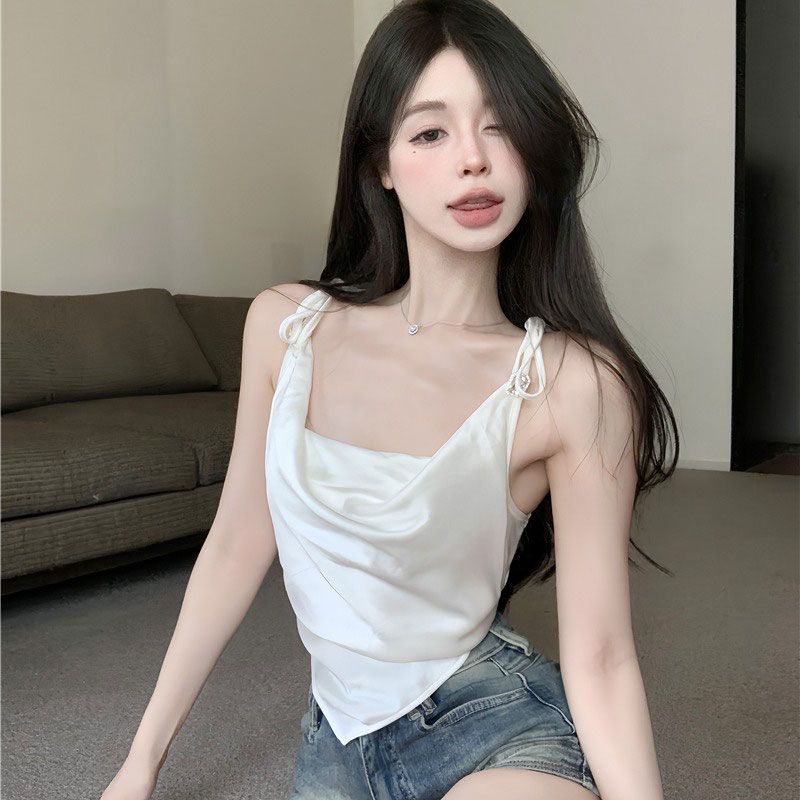 Jiashucheng Áo Hai Dây Dáng Ngắn Màu Trắng Thời Trang Mùa Hè Có Thể Điều Chỉnh Cho Nữ