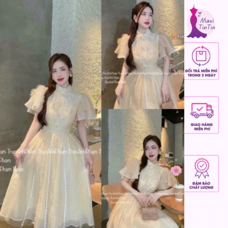 Đầm váy dáng xoè voan phối ren đính hoa phong cách công chúa tiểu thư nàng thơ sang trọng sành điệu -MaxiTinTin