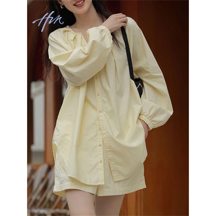 Áo Sơ Mi Cotton Nguyên Chất Cao Cấp Chống Nắng Mùa Hè 2023 Kèm Quần Short Ống Rộng Màu Vàng Trơn Phù Hợp Với