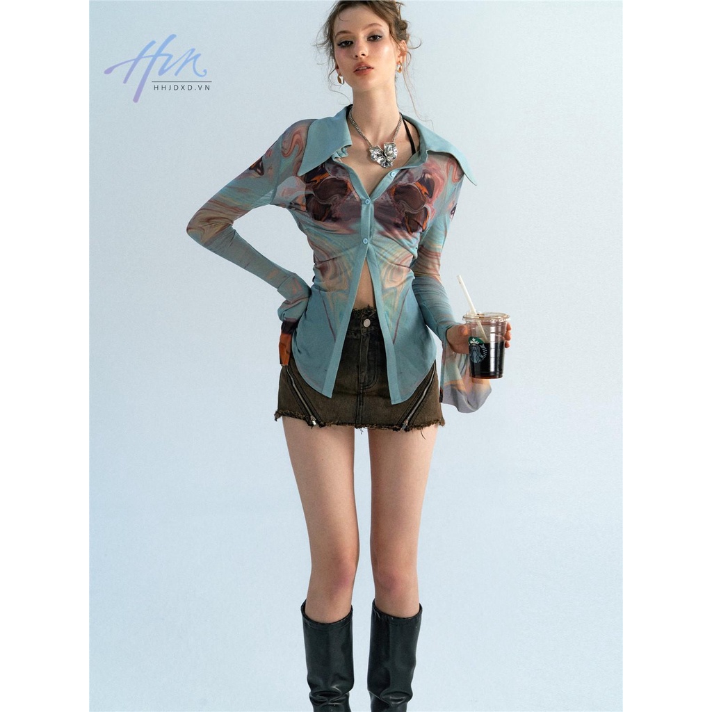 Áo Sơ Mi Chống Nắng Phối Lưới Co Giãn In Họa Tiết Màu Sắc Tương Phản Thời Trang Mùa