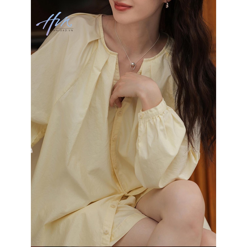 Áo Sơ Mi Cotton Nguyên Chất Cao Cấp Chống Nắng Mùa Hè 2023 Kèm Quần Short Ống Rộng Màu Vàng Trơn Phù Hợp Với