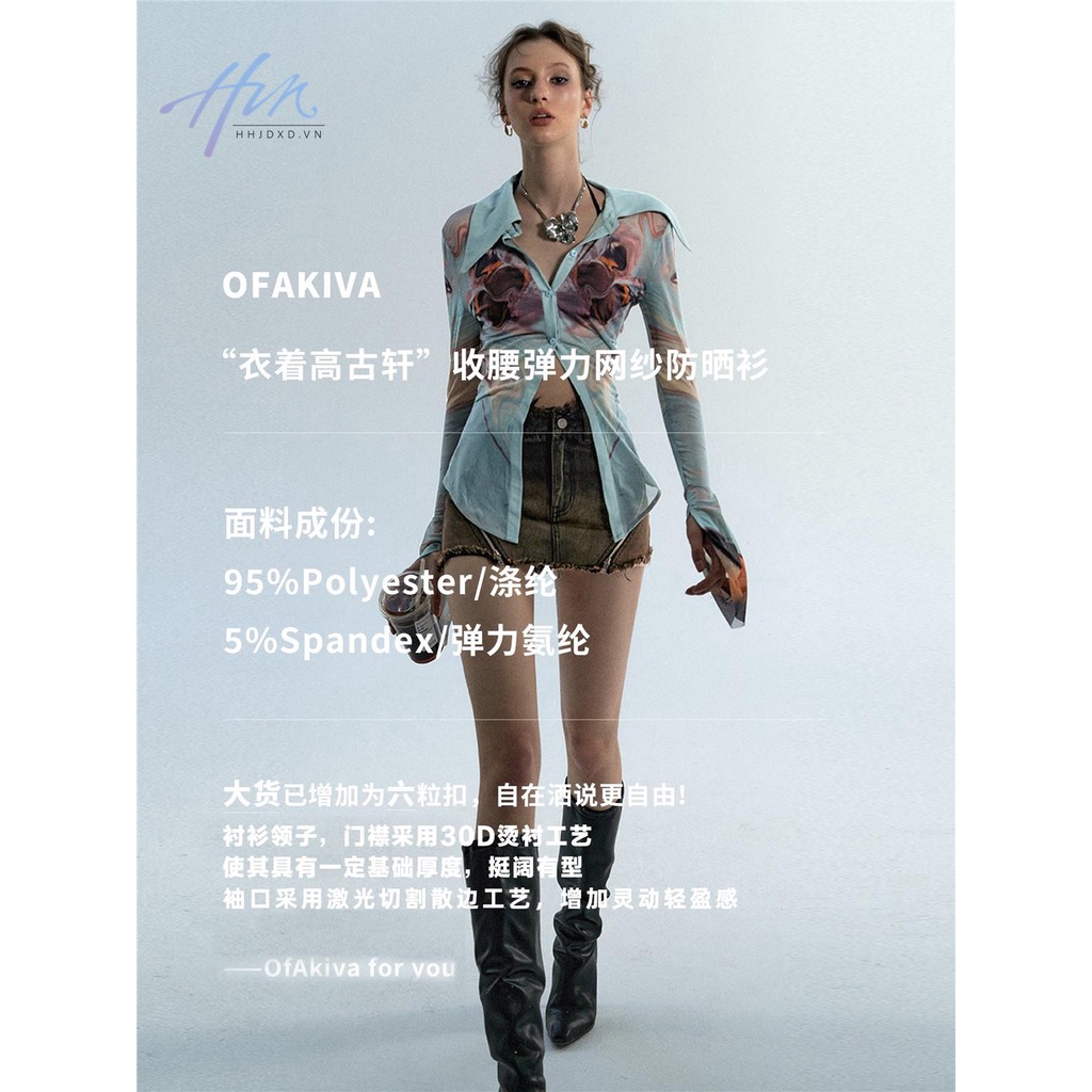 Áo Sơ Mi Chống Nắng Phối Lưới Co Giãn In Họa Tiết Màu Sắc Tương Phản Thời Trang Mùa