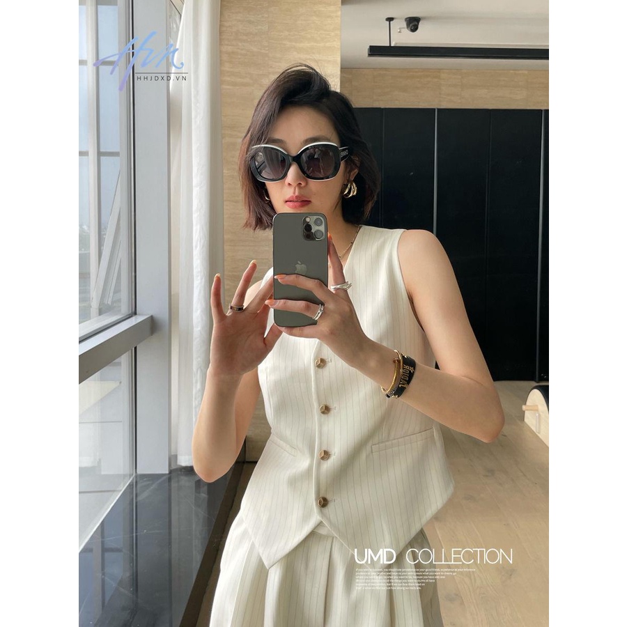 Bộ Áo Vest + Quần Dài Lưng Cao Ống Đứng Họa Tiết Kẻ Sọc Phong Cách Pháp Cổ Điển Thời Trang Cho Nữ