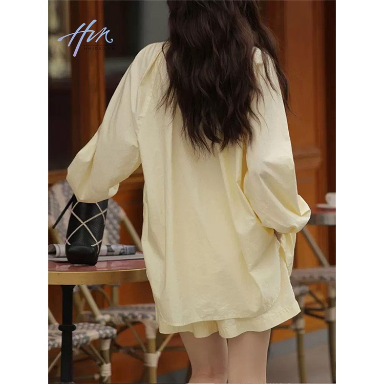 Áo Sơ Mi Cotton Nguyên Chất Cao Cấp Chống Nắng Mùa Hè 2023 Kèm Quần Short Ống Rộng Màu Vàng Trơn Phù Hợp Với