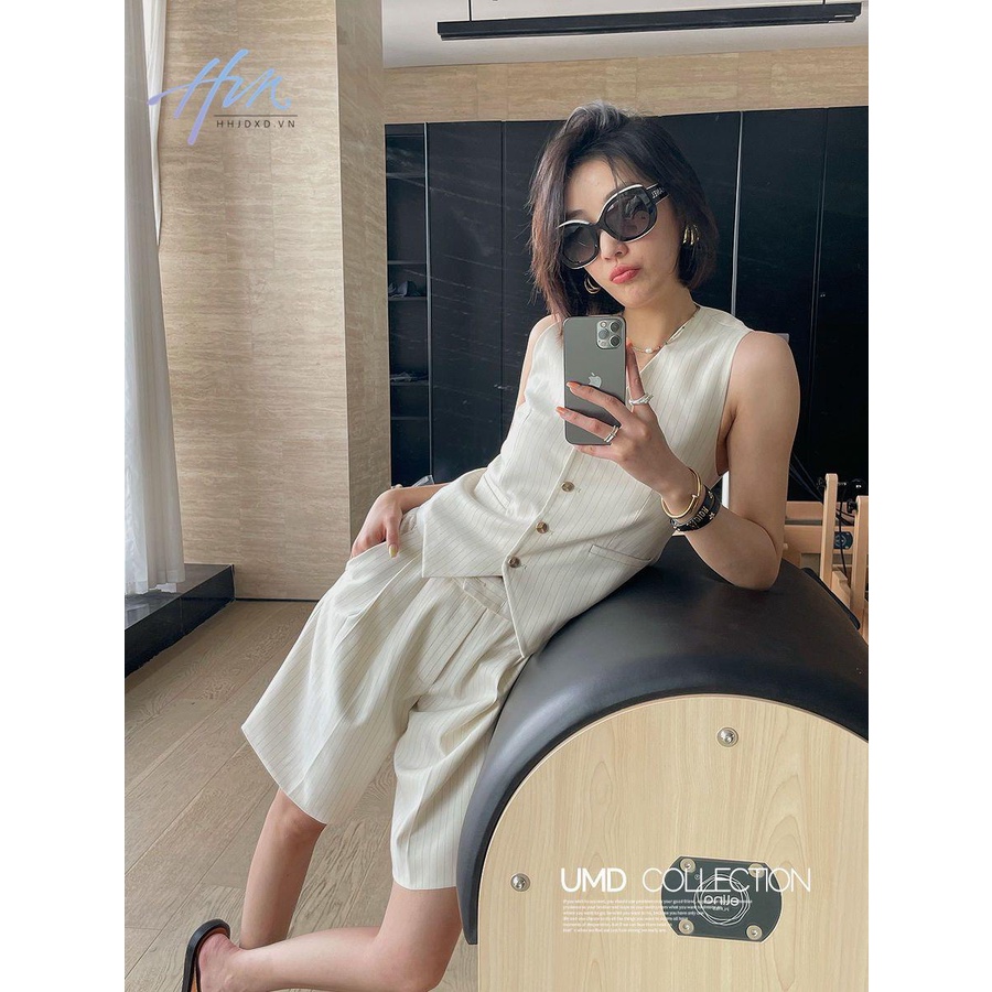 Bộ Áo Vest + Quần Dài Lưng Cao Ống Đứng Họa Tiết Kẻ Sọc Phong Cách Pháp Cổ Điển Thời Trang Cho Nữ