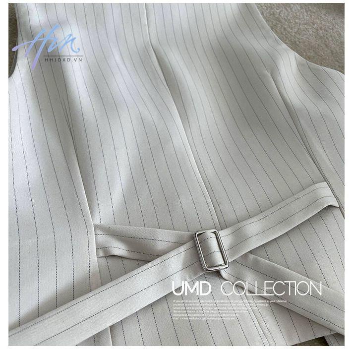 Bộ Áo Vest + Quần Dài Lưng Cao Ống Đứng Họa Tiết Kẻ Sọc Phong Cách Pháp Cổ Điển Thời Trang Cho Nữ