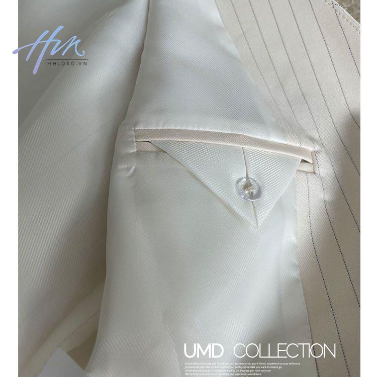 Bộ Áo Vest + Quần Dài Lưng Cao Ống Đứng Họa Tiết Kẻ Sọc Phong Cách Pháp Cổ Điển Thời Trang Cho Nữ