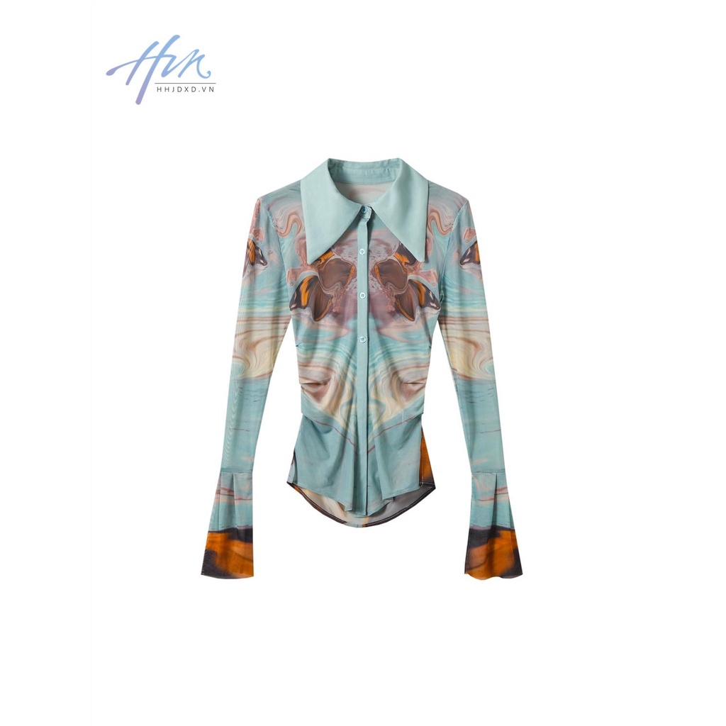 Áo Sơ Mi Chống Nắng Phối Lưới Co Giãn In Họa Tiết Màu Sắc Tương Phản Thời Trang Mùa