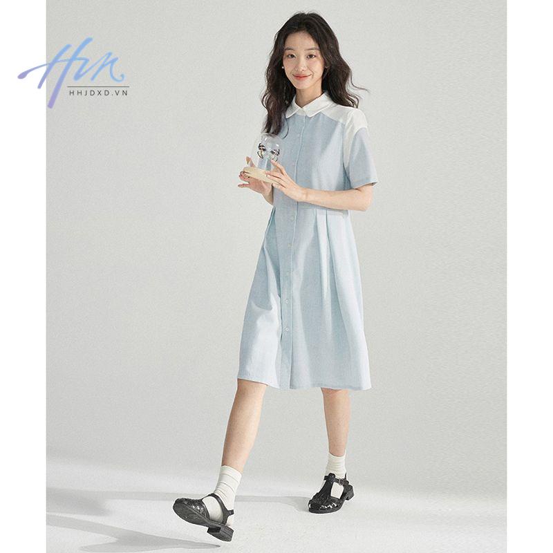 Đầm Sơ Mi Xếp Ly Màu Tương Phản Phong Cách Pháp Thời Trang Mùa Hè 2023 Mới Cho Nữ