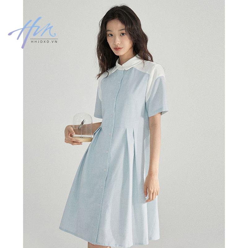 Đầm Sơ Mi Xếp Ly Màu Tương Phản Phong Cách Pháp Thời Trang Mùa Hè 2023 Mới Cho Nữ