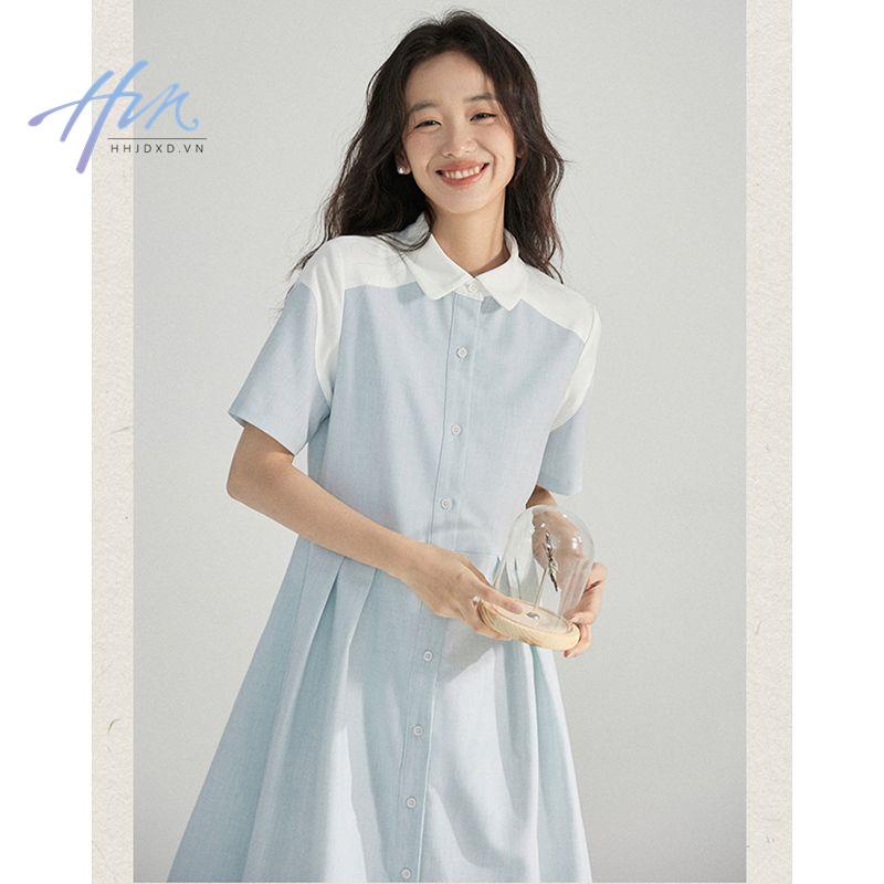 Đầm Sơ Mi Xếp Ly Màu Tương Phản Phong Cách Pháp Thời Trang Mùa Hè 2023 Mới Cho Nữ