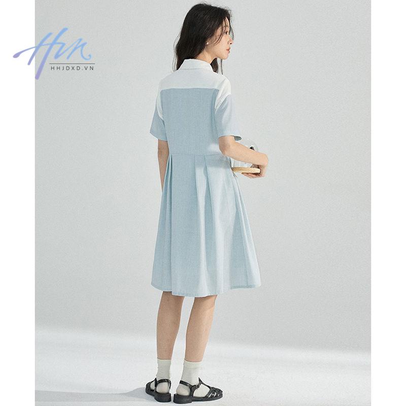 Đầm Sơ Mi Xếp Ly Màu Tương Phản Phong Cách Pháp Thời Trang Mùa Hè 2023 Mới Cho Nữ