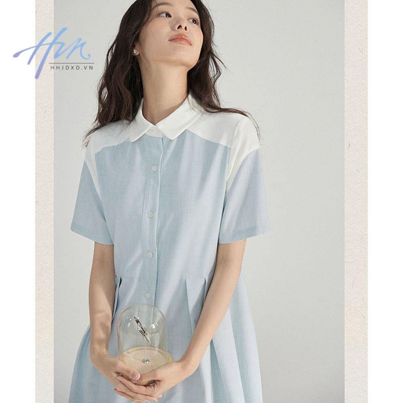 Đầm Sơ Mi Xếp Ly Màu Tương Phản Phong Cách Pháp Thời Trang Mùa Hè 2023 Mới Cho Nữ