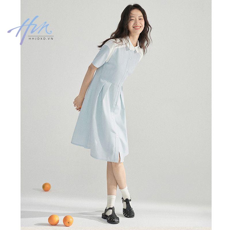 Đầm Sơ Mi Xếp Ly Màu Tương Phản Phong Cách Pháp Thời Trang Mùa Hè 2023 Mới Cho Nữ