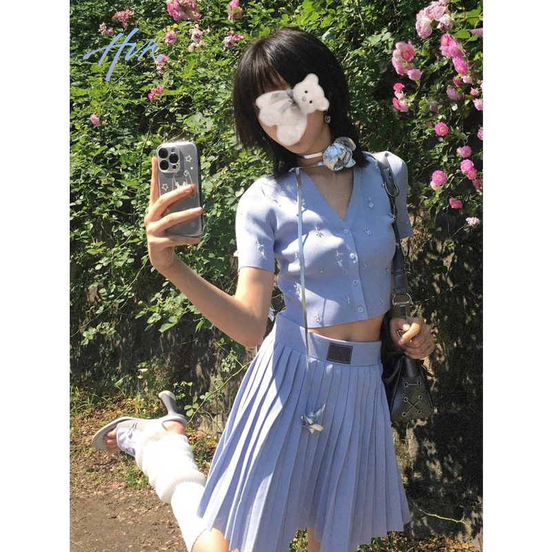 Bộ Áo Dệt Kim Mỏng Dáng Ôm Phối Chân Váy Xếp Ly Kiểu Hàn Quốc Thời Trang Mùa Hè 2023 Cho Nữ