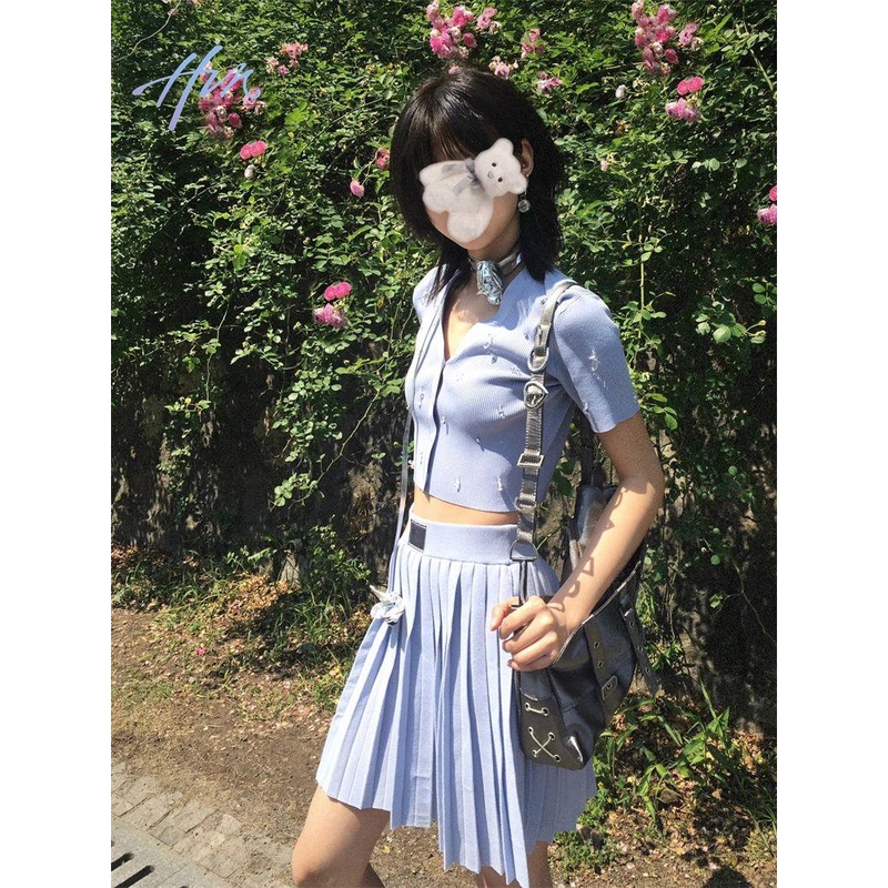 Bộ Áo Dệt Kim Mỏng Dáng Ôm Phối Chân Váy Xếp Ly Kiểu Hàn Quốc Thời Trang Mùa Hè 2023 Cho Nữ