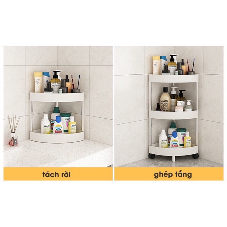 Kệ để đồ đa năng nhà tắm, bếp-kệ để góc gọn chất liệu khung kim loại chống gỉ chân có bánh xe di chuyển tiện lợi
