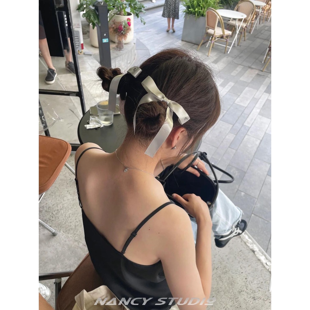 Kẹp Tóc Nơ Ruy Băng Màu Trắng Đen Phong Cách Hàn Quốc Nhật Bản Thời Trang